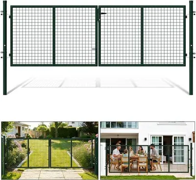 Productafbeelding van Tuinpoort - Dubbele poort - 300x100 cm - Groen - Gecoat staal - Tuinpoort - inclusief slot en sleutel - Geluidsbarrière voor de tuin - Poort met hekwerk en wandornament - Omheining, geluidsbarrière voor de tuin