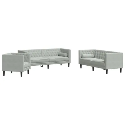 Produktbild von vidaXL 3-tlg. Chesterfield-Sofa-Set mit Nackenrollen Hellgrau Samt