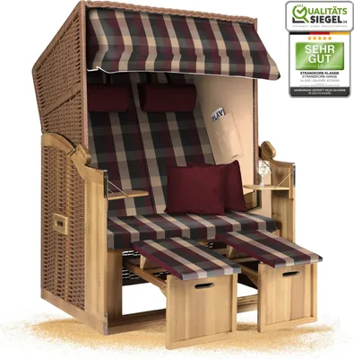 Produktbild von Strandkorb Ostsee 2-Sitzer 120cm breit in beige rot grün kariert montiert, ideal für Balkon, Terrasse oder Garten