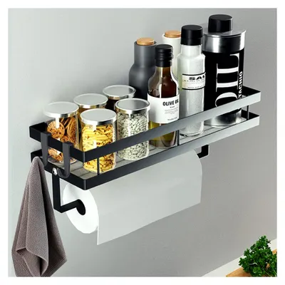 Produktbild von Gewürzregal, wandmontiertes Küchenregal ohne Bohren, hängendes Gewürzregal mit Küchenrollenhalter und 4 Haken, Küchenorganizer für Schubladen, Küchenutensilienhalter, 35 cm schwarz