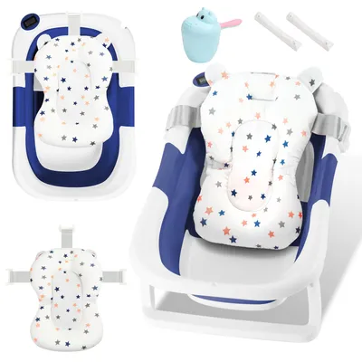 Productafbeelding van Eikuavons Opvouwbare Babybadkuip, 60,5 x 43 cm, met badmat, shampoo-beker en temperatuurindicator, geschikt voor baby's van 0-12 maanden, blauw