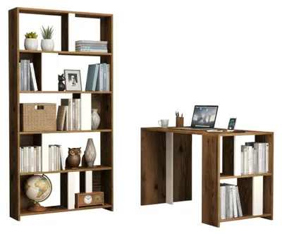 Produktbild von Schreibtisch Mirach, Mehrzweckschreibtisch, Computertisch mit Bücherregal für das Büro, 120x60h75 cm, Walnuss und Weiß