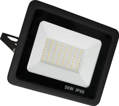 A black LED floodlight with a white face and multiple small LEDs.