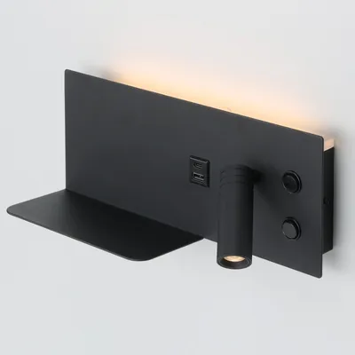 Immagine prodotto di lampada da parete 7W + faretto orientabile 3W, con connessione USB e tipo C, interruttore, luce 2700K, faretto destro, metallo nero