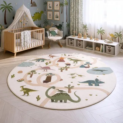 Produktbild von SIMPEX Kinderteppich Dinosaurier Spielteppich für Kinderzimmer Dinomotiv fördert Kreativität und Lernen Größe: 120 cm Rund , Farbe: Creme-1