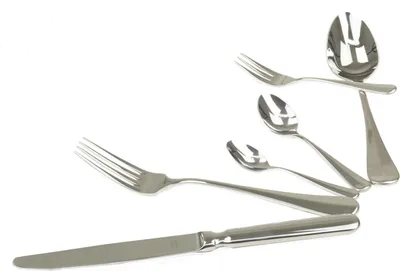 A collection of silverware arranged on a white background.