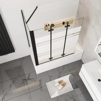 Produktbild von AICA 140cm Schwarz Faltwand 3 teilig Badewanneaufsatz mit 70cm Seitewand 6mm Nano ESG