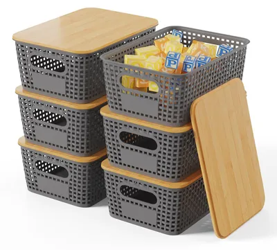 Produktbild von Set von 6 Aufbewahrungsboxen mit Bambusdeckel - Kunststoff Aufbewahrungskörbe für Küche und Haushalt (Dunkelgrau)