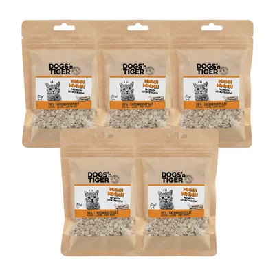 Zdjęcie produktu dla Dogs'n Tiger Przekąski dla dorosłych kotów Mmmh mmmh, smakołyki, 99% liofilizowany filet z piersi kaczki w posiekanej kostce, 5x30g