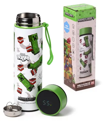 Produktbild von Puckator Creeper & TNT Thermoflasche aus Stahl mit LED-Thermometer – Minecraft Trinkflasche 450 ml – Doppelwandiges Design