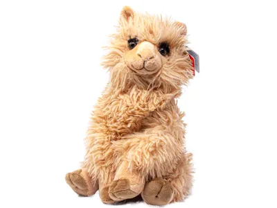 A plush alpaca toy sits facing forward against a white background.