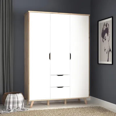 Produktbild von Forte Kleiderschrank VANKKA Drehtürenschrank Optik Plankeneiche / Weiß Natur 139,4x52,7x201,5 cm
