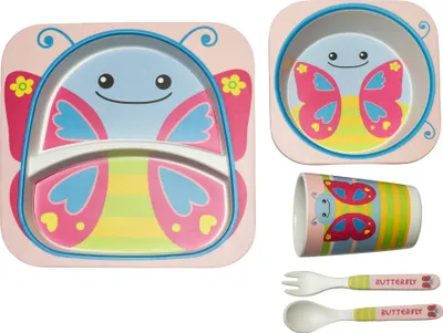 Produktbild von 5-tlg. Kinderset mit Schmetterlingsmotiv Teller, Schale, Becher & Besteck