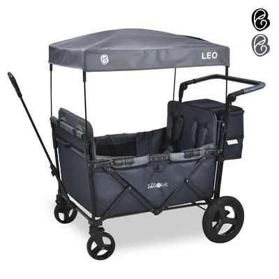 Produktbild von Ruční vozík FableKids® Leo X4Plus se střechou | 4 sedadla | přepravní vozík | XXL zadní taška | 5bodové bezpečnostní pásy | 360° terénní kola | Blueberry Blue