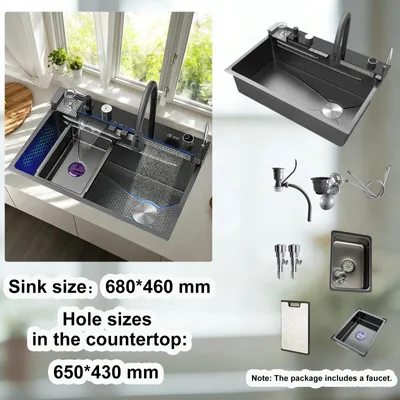 Obrázek produktu pro Dřez do kuchyně z nerezové oceli 304 – jednodřez 68×46 cm – multifunkční model s efektem "vodopádu" – dřez na zeleninu – montáž do otvoru – baterie s digitálním displejem – kartáčovaná povrchová úprava – tmavě šedá barva