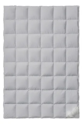 A gray quilted comforter is laid flat on a white background.