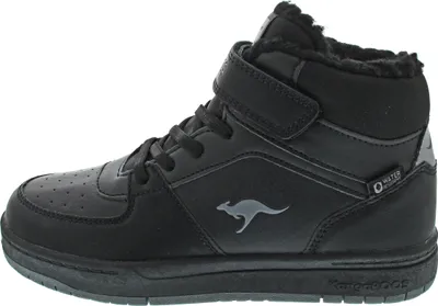 A side view of a black high-top sneaker.