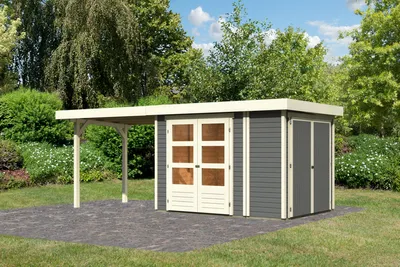 Produktbild von Karibu Gartenhaus Gerätehaus Retola 2 inkl. Anbauschrank und Anbaudach 2,80 m Breite terragrau 545x217x211 cm