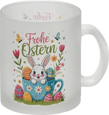 Produktbild von Frohe Ostern Glas Tasse mit Hase