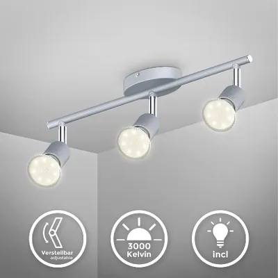 Immagine prodotto di B.K.Licht - Plafoniera LED orientabile, include 3 lampadine LED GU10 da 3 W, 250 lm, luce calda, metallo color titanio, faretto da soffitto LED, lampada da soffitto moderna, 230 V, IP20