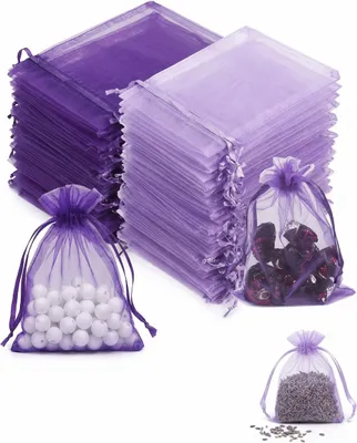 Produktbild von Lavendelsäckchen - 40 Stück zum Befüllen - Organzasäckchen mit Kordelzug für Kleiderschrank - 7x9 cm - Lila und Helllila