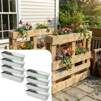 Produktbild von 8er-Set Premium Pflanzkasten für Europaletten aus verzinktem Metall, Paletteneinsatz mit 3 Ablauflöchern, Blumenkasten für Palettenmöbel, Silber