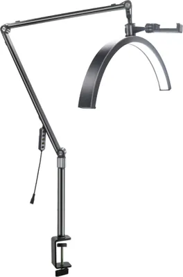 Produktbild von 37 W Desktop-LED-Videoleuchte, halbmondfoermiges Fuelllicht, zweifarbiges Licht, 3200 KšC5600 K, dimmbar, 10-stufige Helligkeit, einstellbar mit Fernbedienung, C-Klemme, Tischmontage, Metallstaender fuer Vlogging, Schoenheitssalon, Make-up, Live-Streaming, Nachttischlampe