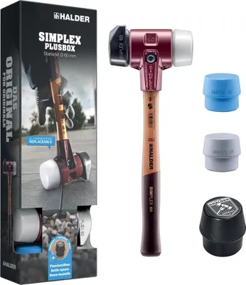 Produktbild von HALDER SIMPLEX Plusbox Starterkit Schonhammer Ø 60 mm Superplastik / TPE-mid / TPE-soft / Gummi mit Standfuß + Flaschenöffner