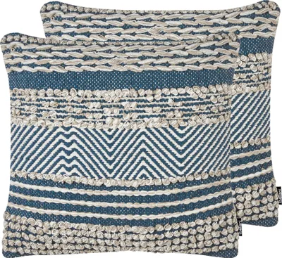 Produktbild von BELIANI Dekokissen 2er Set Beige und Blau 45 x 45 cm Baumwolle Quadratisch mit Reißverschluss Geometrisches Muster Handgewebt Zierkissen Boho