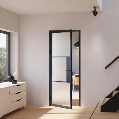 Produktbild von inova Loft-Glastür 709 x 1972 mm, DIN Links, 3 Felder satiniert, Stahlrahmen Schwarz, Komplettset mit Zarge und Türklinke mit Schloss