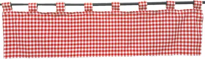A red and white checkered valance curtain hanging on a rod.