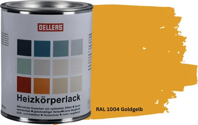 Produktbild von OELLERS Heizkörperlack DIY 1L – RAL 1004 Goldgelb | Heizkörperfarbe & Heizungsfarbe | Hochdeckender Heizungslack | Hitzebeständig & langlebig