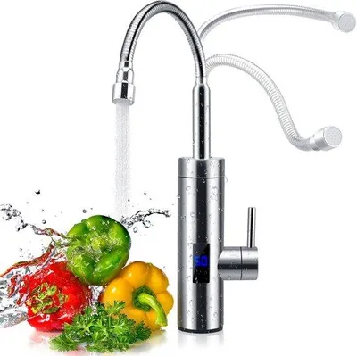 Produktbild von Wasserhahn mit Wasserdurchfluss - 360° Wasserhahn - 3000 W Edelstahl mit LCD-Temperaturanzeige - ideal für die Küche