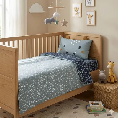 Produktbild von Baby Bettwäsche 100 x 135 cm süße Nilpferd Hippo Bettwäsche mit Ohren 2-teiliges Set aus 100% Baumwolle mit Reißverschluss