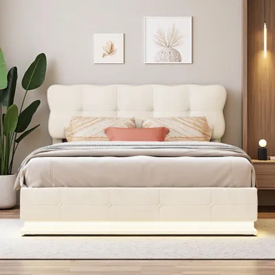 Immagine prodotto di Letto imbottito Fortuna Lai 140x200 cm, LED, rete, idraulico, testata regolabile, velluto, beige