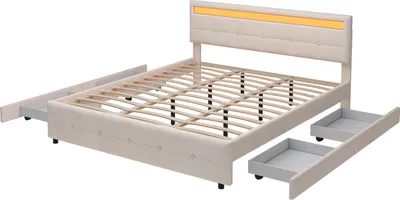 Produktbild von Polsterbett 180 x 200 cm, Doppelbett mit 4 Schubladen,Lattenrost und Rückenlehne, Hautfreundliches Doppelbett aus Samtstoff für Erwachsene