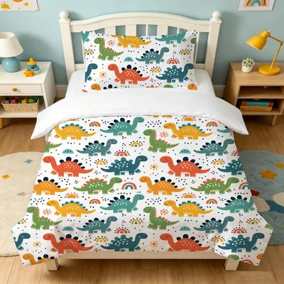 Obrázok produktu pre Omgoods – Súprava obliečok na prikrývku a vankúše s motívom dinosaurov, rozmer 90 x 190 cm