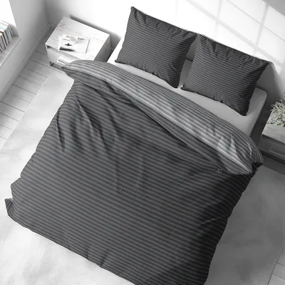 Produktbild von Bettwäsche 200x220 cm Baumwolle Anthrazit Grau gestreift Stripe Damast Bettbezug PolyBaumwolle Wendebettwäsche 3 tlg