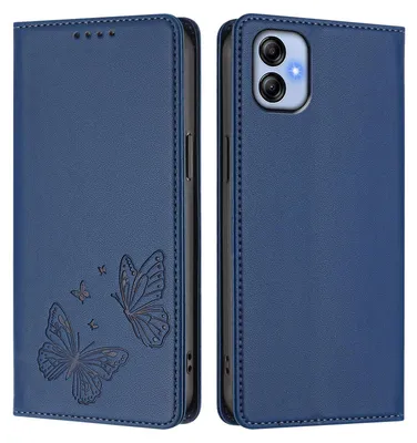 Image de Étui en cuir pour Samsung Galaxy A04E, étui de protection type portefeuille en cuir gaufré « papillon » avec support, bleu foncé