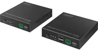 Zdjęcie produktu dla Digitus Światłowodowy przedłużacz KVM IP HDMI, 4K/60Hz, Nadajnik i odbiornik, Przewodowa, 40000 m, 3840 x 2160 px, 60 Hz, Czarny