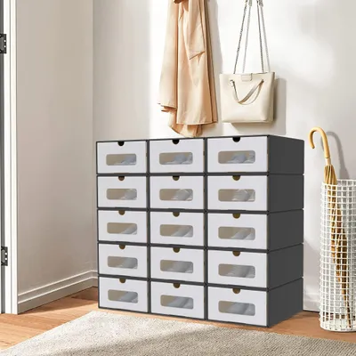 Image de Boîtes de rangement pour chaussures en carton kraft avec couvercle et fenêtre transparente, pratiques pour le rangement et l'organisation (anthracite, lot de 10)
