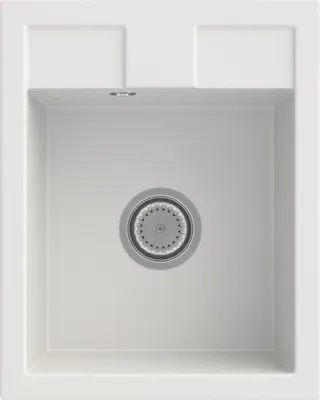 A top-down view of a white kitchen sink with a silver drain.