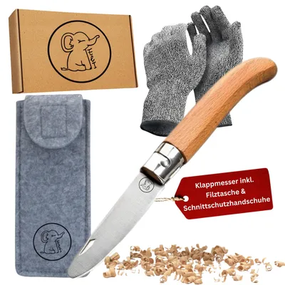 Produktbild von Eli® Schnitzmesser Kinder mit Filztasche ab 6 Jahre - Taschenmesser - Kindermesser Schnitzset inkl. schnittfeste Handschuhe - Kinderschnitzmesser grau
