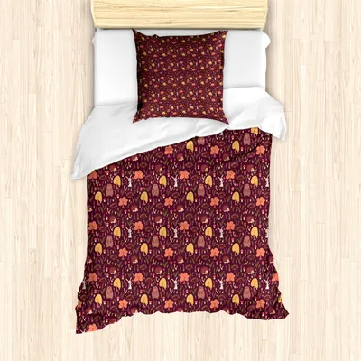 Produktbild von ABAKUHAUS Herbst Bettbezug Set für Einzelbetten, Bär Igel Kaninchen-Entwurf, Milbensicher Allergiker geeignet mit Kissenbezug, 135 cm x 200 cm - 80 x 80 cm, Maroon und Multicolor