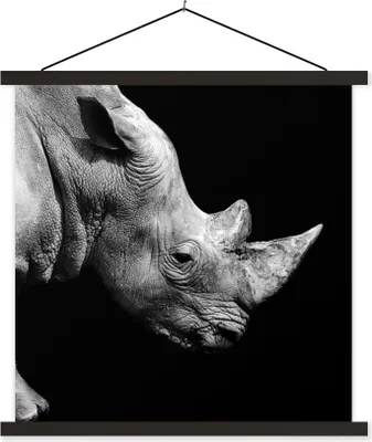 Produktbild von MuchoWow® Textilposter Portrait Nashorn auf schwarzem Hintergrund 120x120 cm mit schwarzem Rahmen - Aufhängungsset