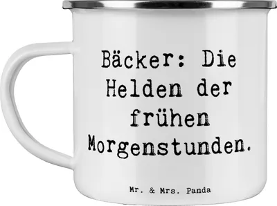 Produktbild von Mr. & Mrs. Panda Emaille Tasse Spruch Bäcker Helden - Weiß - Geschenk, Brötchen, Kuchen, Pott, Frühaufsteher, kreative Geschenke, Teetasse, Berufsliebe, Berufsgestaltung