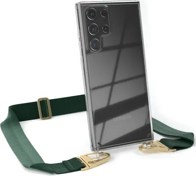 Produktbild von EAZY CASE - Hülle mit Band für Samsung Galaxy S22 Ultra 5G, Handyhülle mit Umhängeband, Silikonhülle transparent, Handykette in Grün