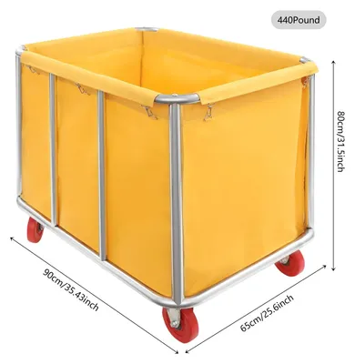 Obrázek produktu pro Vozík na prádlo – hotelový vozík – s kolečky – nosnost 199,6 kg – 90×65×80 cm – taška z oxfordské tkaniny – kovový rám – žlutý