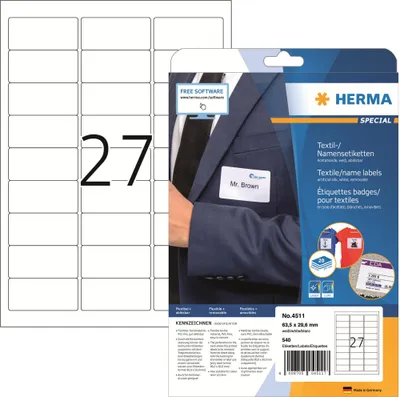 Produktbild von HERMA 4511 Namensetiketten ablösbar, 20 Blatt, 63,5 x 29,6 mm, 27 pro A4 Bogen, 540 Stück, selbstklebend, bedruckbar, rückstandsfrei abziehbare Acetatseide Namensaufkleber Etiketten, weiß