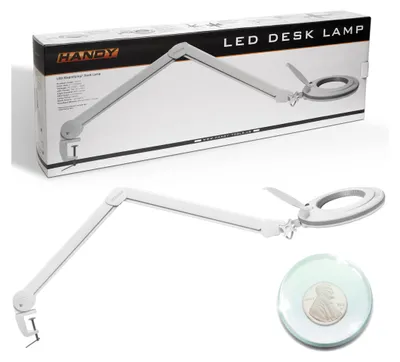 Obrázek produktu pro Handy - Velká stolní lupa se stolní svorkou - Lupa se světlem - Napájení ze sítě - 130 mm sklo - Zvětšovací lampa - Diamantová malířská/hobby/pájecí lupa se světlem a stojanem